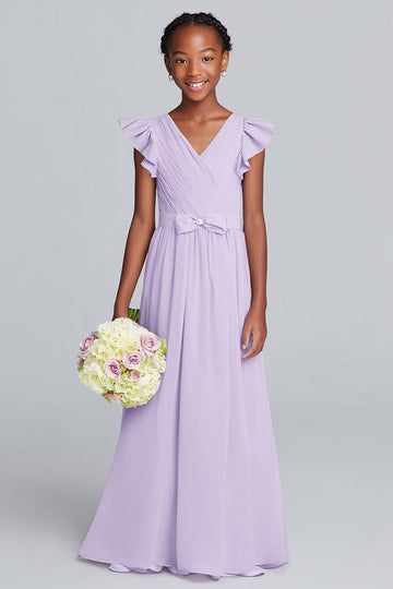Robe de demoiselle d’honneur junior longue en mousseline de soie a-ligne lilas à col en V avec volants